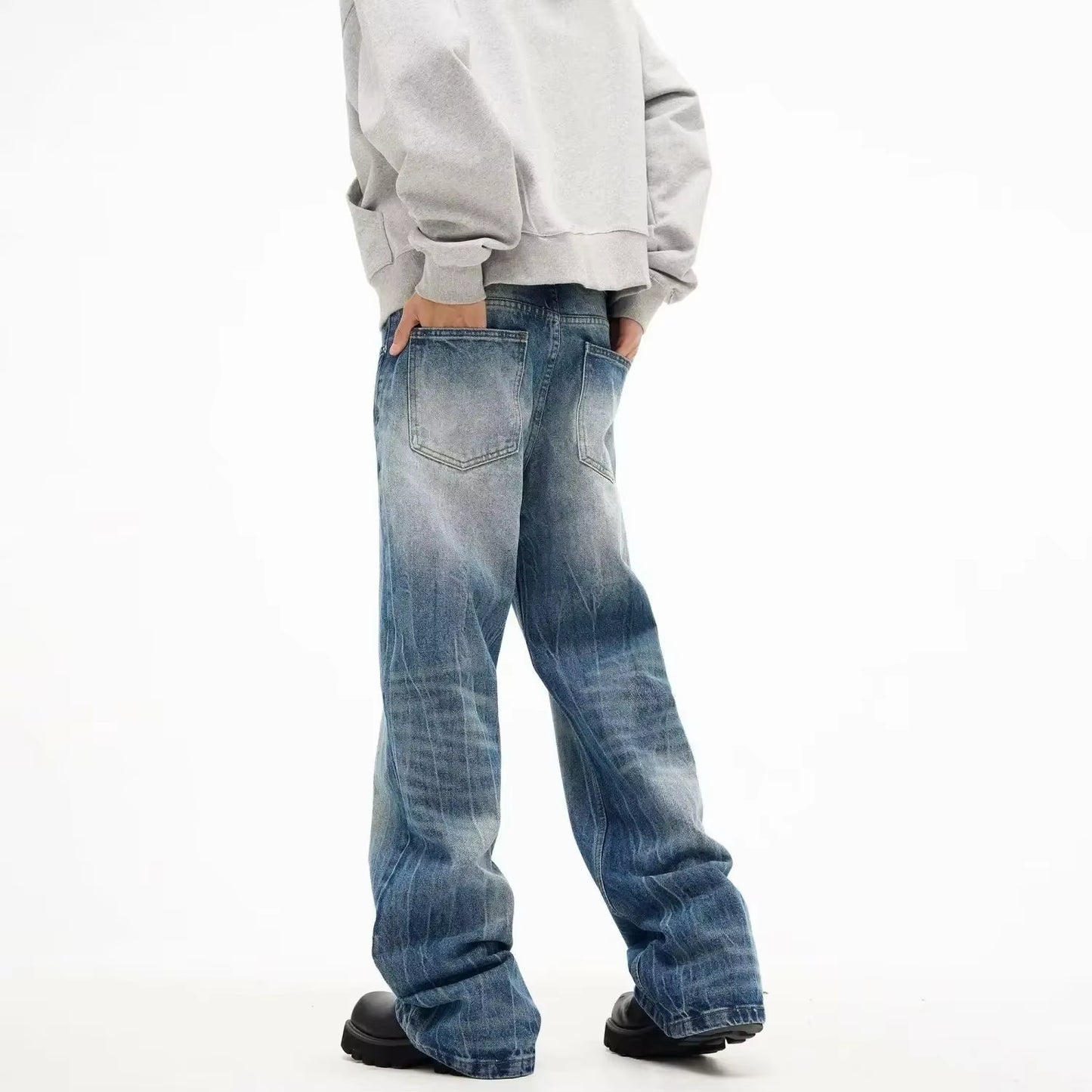 New Trendy Lightning Pattern Washing Jeans Men'S American Style Vintage Straight Leg Bootcut Pants Loose Fit Comfortable Denim