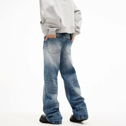 New Trendy Lightning Pattern Washing Jeans Men'S American Style Vintage Straight Leg Bootcut Pants Loose Fit Comfortable Denim