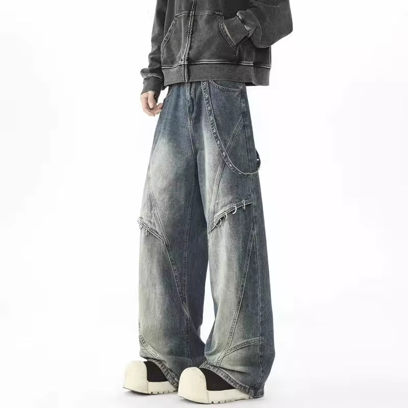 2025 Punk Y2K Style Metal Ring Design Washed Blue Baggy Jeans Cargo Pants Men for Clothes Vintage Denim Trousers Pantalon Homme