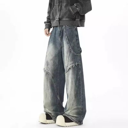 2025 Punk Y2K Style Metal Ring Design Washed Blue Baggy Jeans Cargo Pants Men for Clothes Vintage Denim Trousers Pantalon Homme
