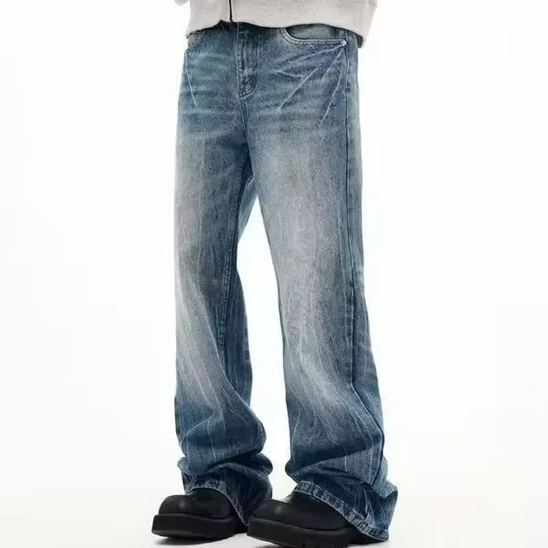 New Trendy Lightning Pattern Washing Jeans Men'S American Style Vintage Straight Leg Bootcut Pants Loose Fit Comfortable Denim
