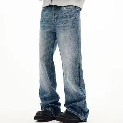 New Trendy Lightning Pattern Washing Jeans Men'S American Style Vintage Straight Leg Bootcut Pants Loose Fit Comfortable Denim