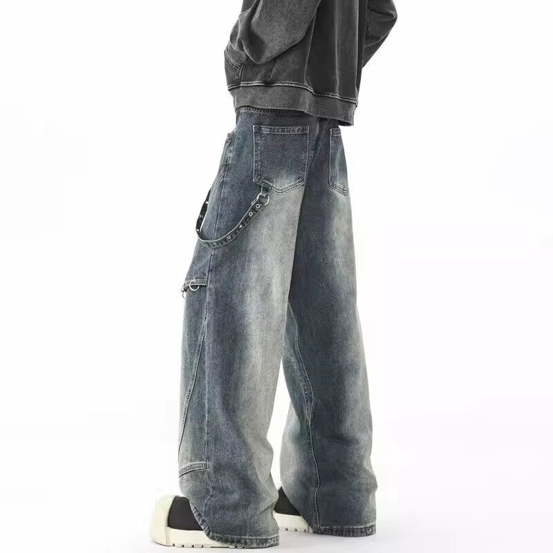 2025 Punk Y2K Style Metal Ring Design Washed Blue Baggy Jeans Cargo Pants Men for Clothes Vintage Denim Trousers Pantalon Homme