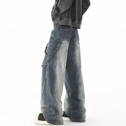 2025 Punk Y2K Style Metal Ring Design Washed Blue Baggy Jeans Cargo Pants Men for Clothes Vintage Denim Trousers Pantalon Homme