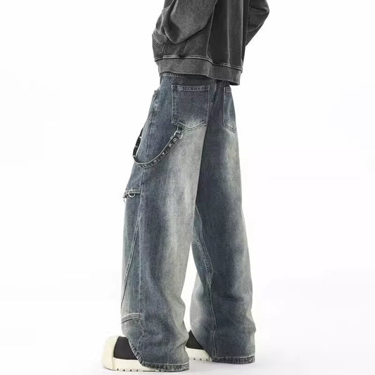 2025 Punk Y2K Style Metal Ring Design Washed Blue Baggy Jeans Cargo Pants Men for Clothes Vintage Denim Trousers Pantalon Homme