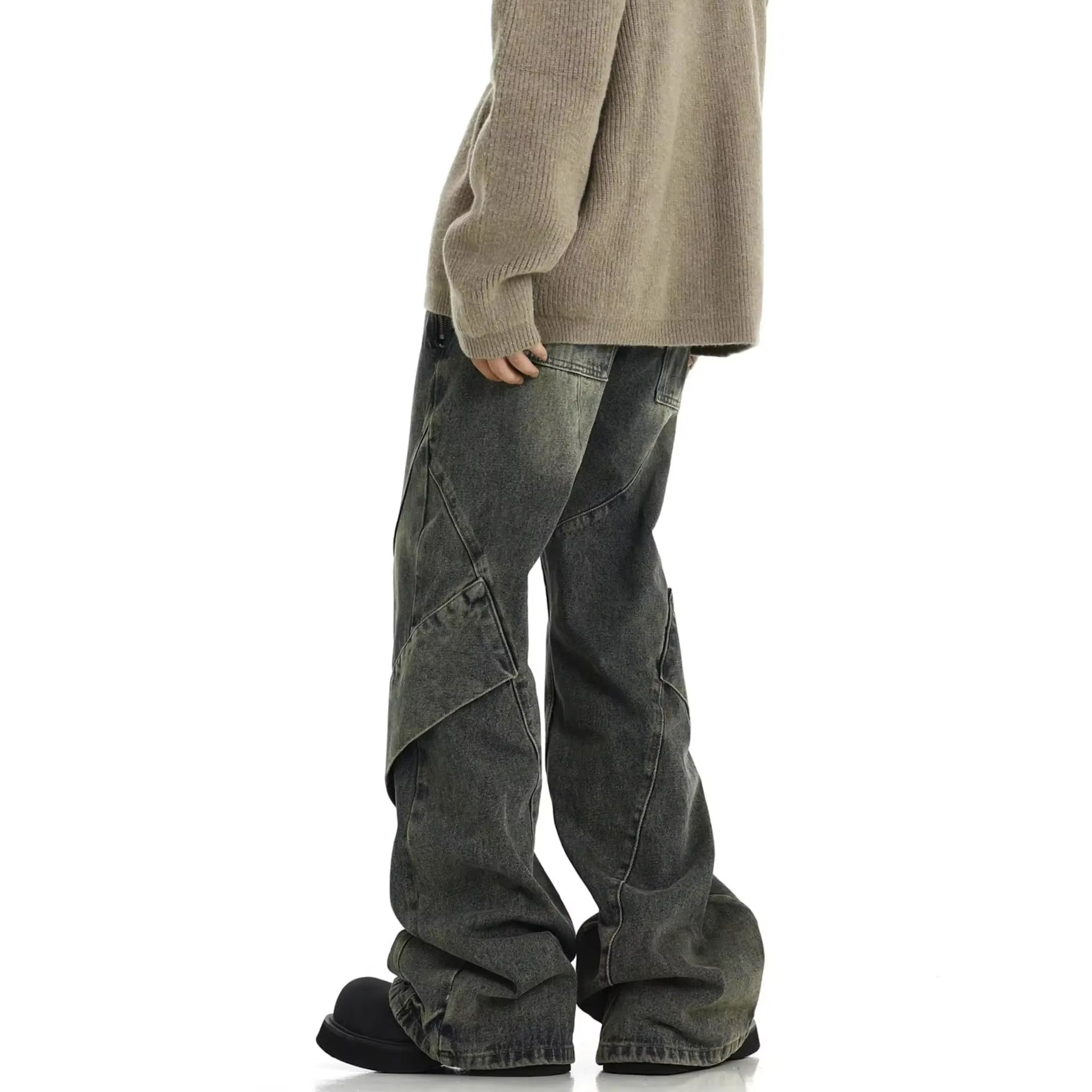 Men Jeans Denim Flare Pants Floor Length Pant Splice High Waist Irregularity Loose Casual Straight Trousers Autumn Winter 2025