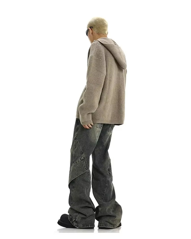 Men Jeans Denim Flare Pants Floor Length Pant Splice High Waist Irregularity Loose Casual Straight Trousers Autumn Winter 2025