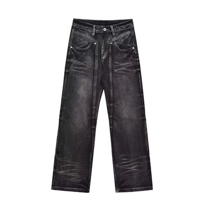 Men Flare Pants Denim Pant Floor Length Jeans Casual Regular Pockets Button Zipper High Waist Autumn Splice Straight Trousers
