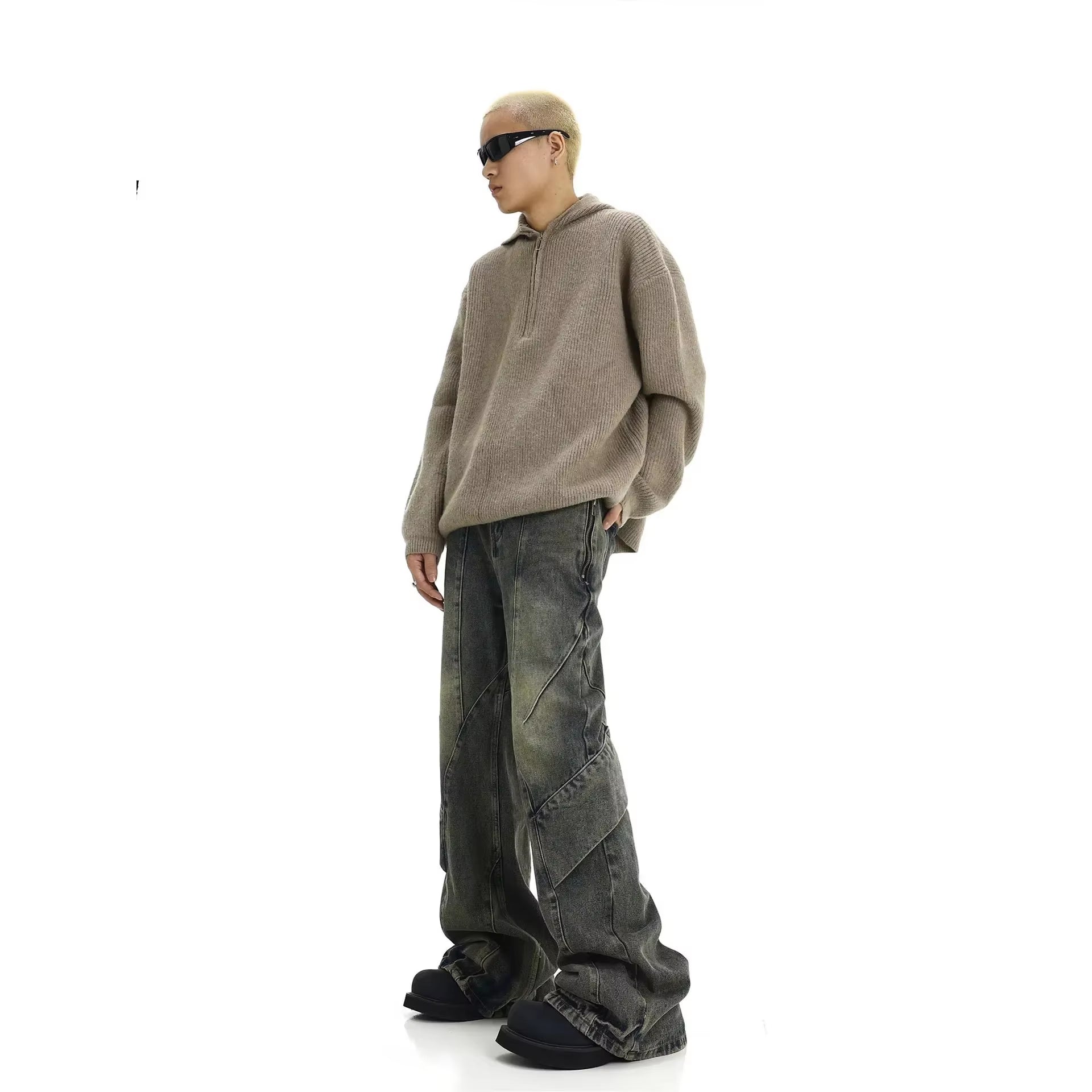 Men Jeans Denim Flare Pants Floor Length Pant Splice High Waist Irregularity Loose Casual Straight Trousers Autumn Winter 2025