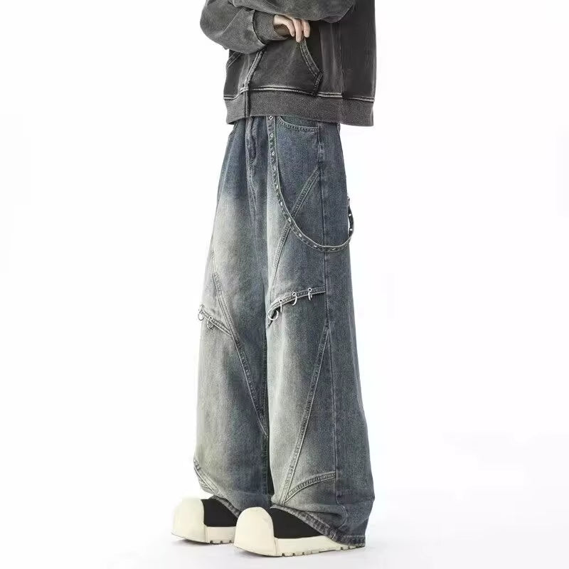 2025 Punk Y2K Style Metal Ring Design Washed Blue Baggy Jeans Cargo Pants Men for Clothes Vintage Denim Trousers Pantalon Homme