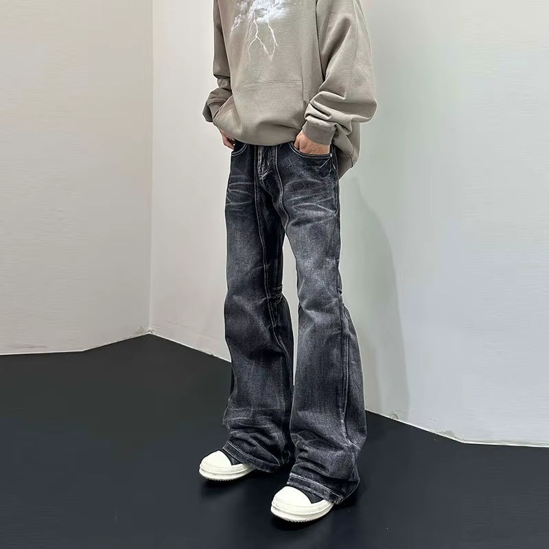 Men Flare Pants Denim Pant Floor Length Jeans Casual Regular Pockets Button Zipper High Waist Autumn Splice Straight Trousers