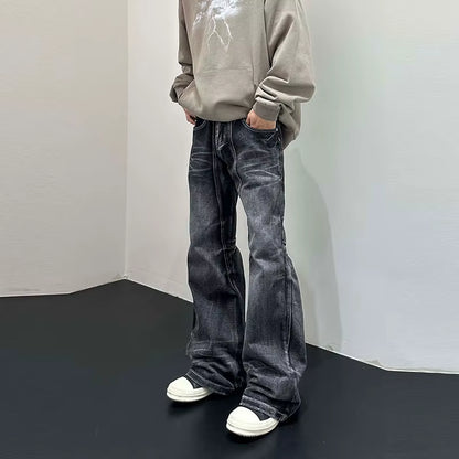 Men Flare Pants Denim Pant Floor Length Jeans Casual Regular Pockets Button Zipper High Waist Autumn Splice Straight Trousers