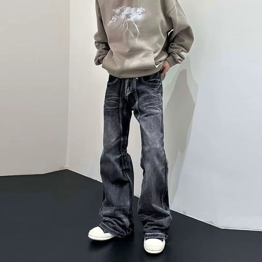 Men Flare Pants Denim Pant Floor Length Jeans Casual Regular Pockets Button Zipper High Waist Autumn Splice Straight Trousers