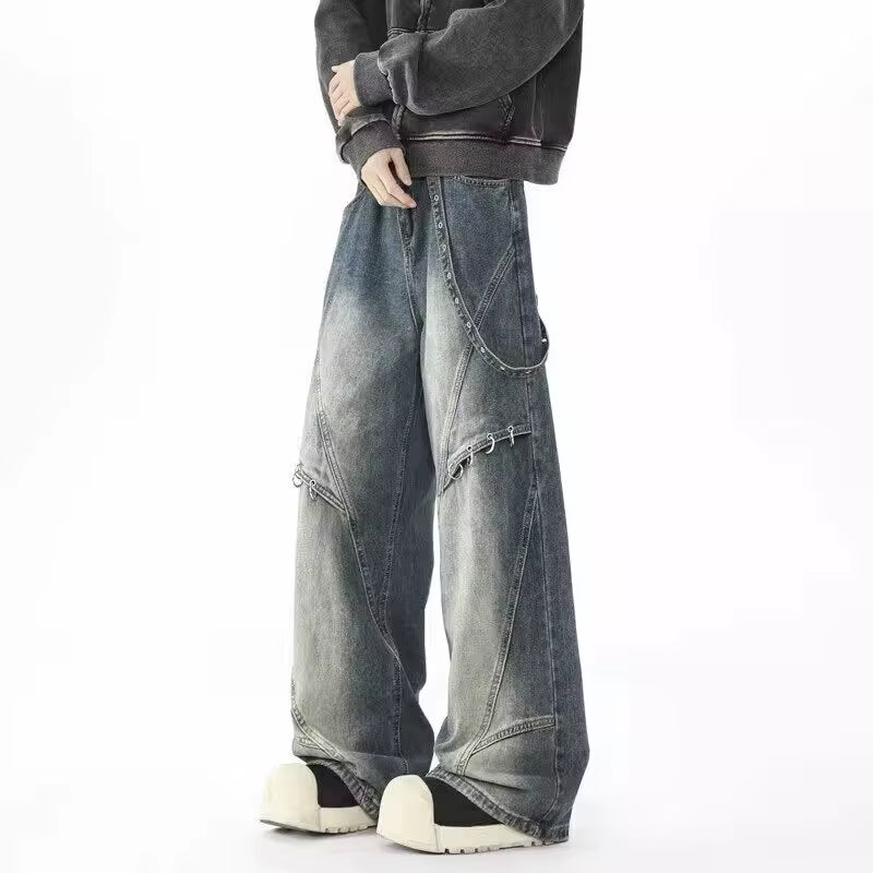 2025 Punk Y2K Style Metal Ring Design Washed Blue Baggy Jeans Cargo Pants Men for Clothes Vintage Denim Trousers Pantalon Homme