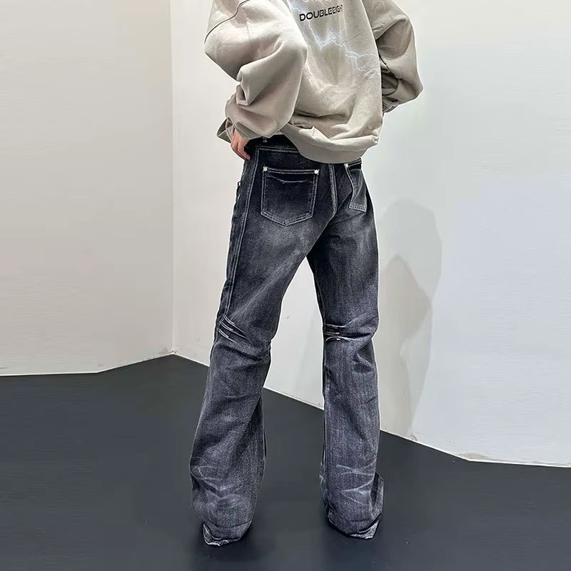 Men Flare Pants Denim Pant Floor Length Jeans Casual Regular Pockets Button Zipper High Waist Autumn Splice Straight Trousers