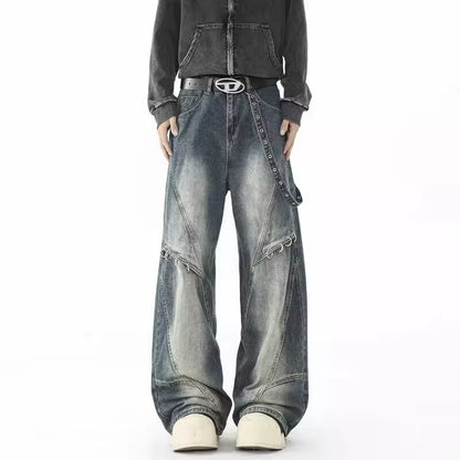 2025 Punk Y2K Style Metal Ring Design Washed Blue Baggy Jeans Cargo Pants Men for Clothes Vintage Denim Trousers Pantalon Homme