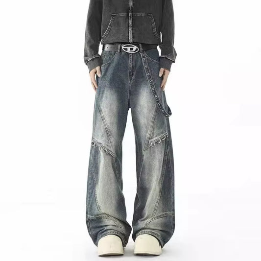 2025 Punk Y2K Style Metal Ring Design Washed Blue Baggy Jeans Cargo Pants Men for Clothes Vintage Denim Trousers Pantalon Homme